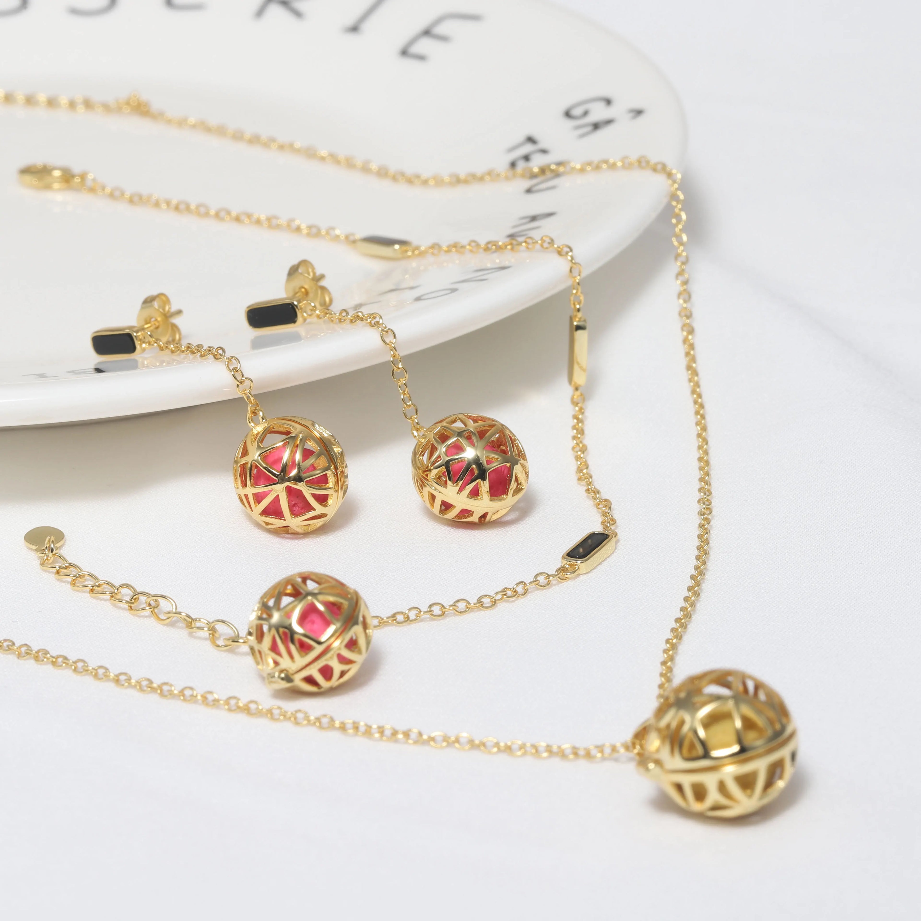 C1JX Abiding Minimalism Design Incense Solid Aromatherapy Beads  Custom Gold Plated 925 Sterling Silver Jewelry Set