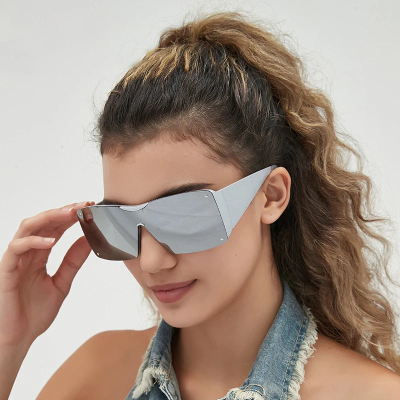 Big Frame Flat Top Unisex Brand Shades Sun Glasses for Women Cool Designer Glasses Uv400 One Piece Rimless Shade Sunglasses