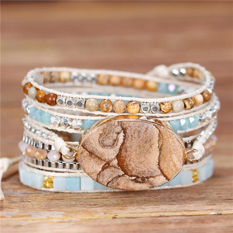 YueTong Natural Stone Beaded Leather Wrap Bracelet Boho Gemstone Beads Bracelet Yoga 5 Wraps Bracelet High End Jewelry Wholesale