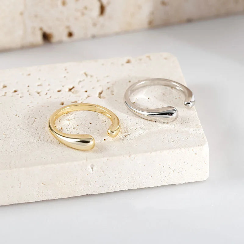 Fashion Minimalist Jewelry 925 Sterling Silver Simple Ring Plain Water Drop Shape Gold Plated Open Rings for Women