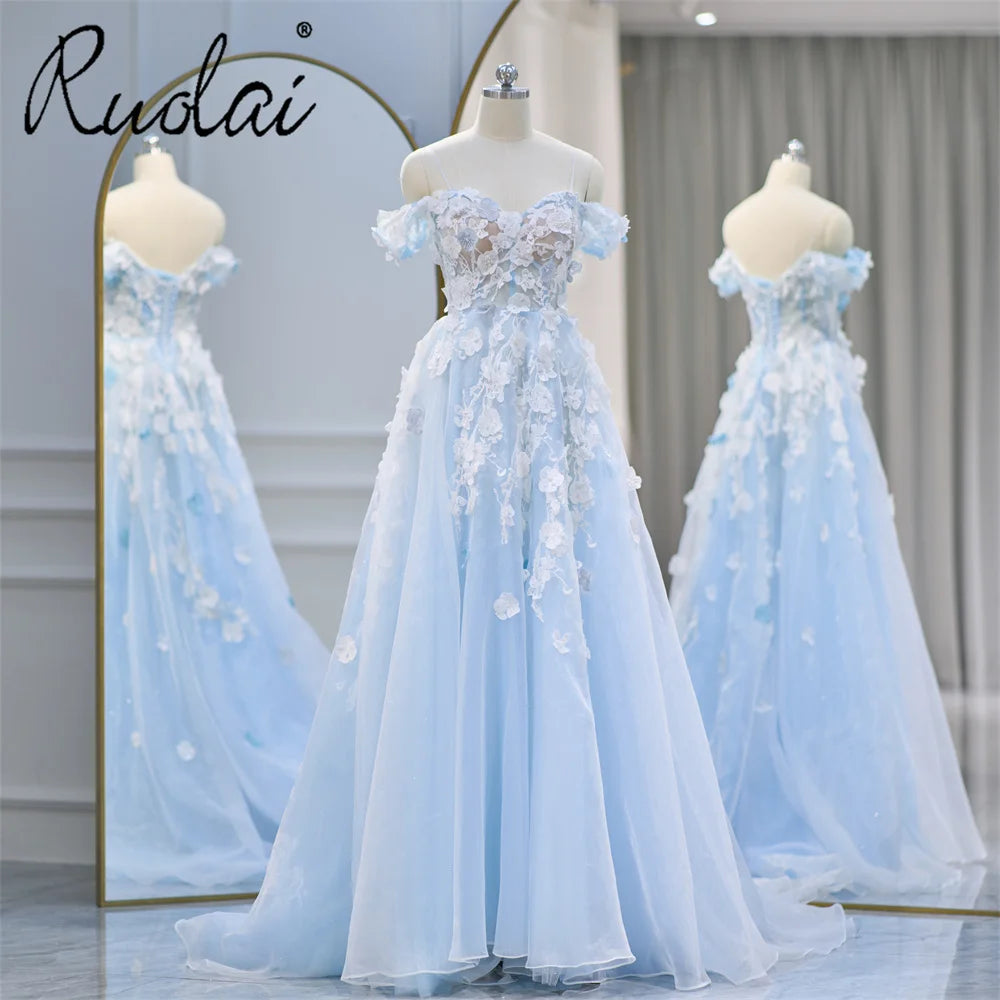 Ruolai LWC6666 Light Blue Off Shoulder Long Lace Party Dresses 3D Beaded Flowers Evening Gowns for Women