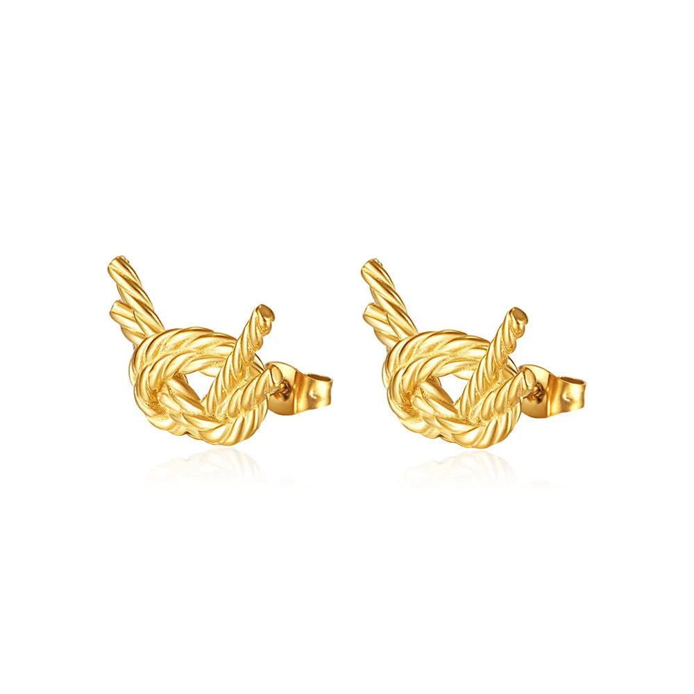 Classic Vintage Trendy 18K Gold Plated Stainless Steel Twisted Rope Bow Knot Stud Earrings for Women Fashion Jewelry