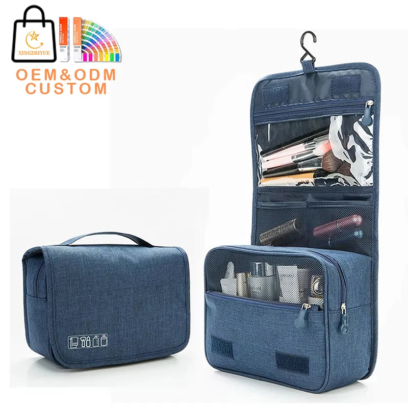 New Custom Logo Large Capacity Zipper Hanging Makeup Bag Organizer Lady Cosmetic Travel Bag Blue