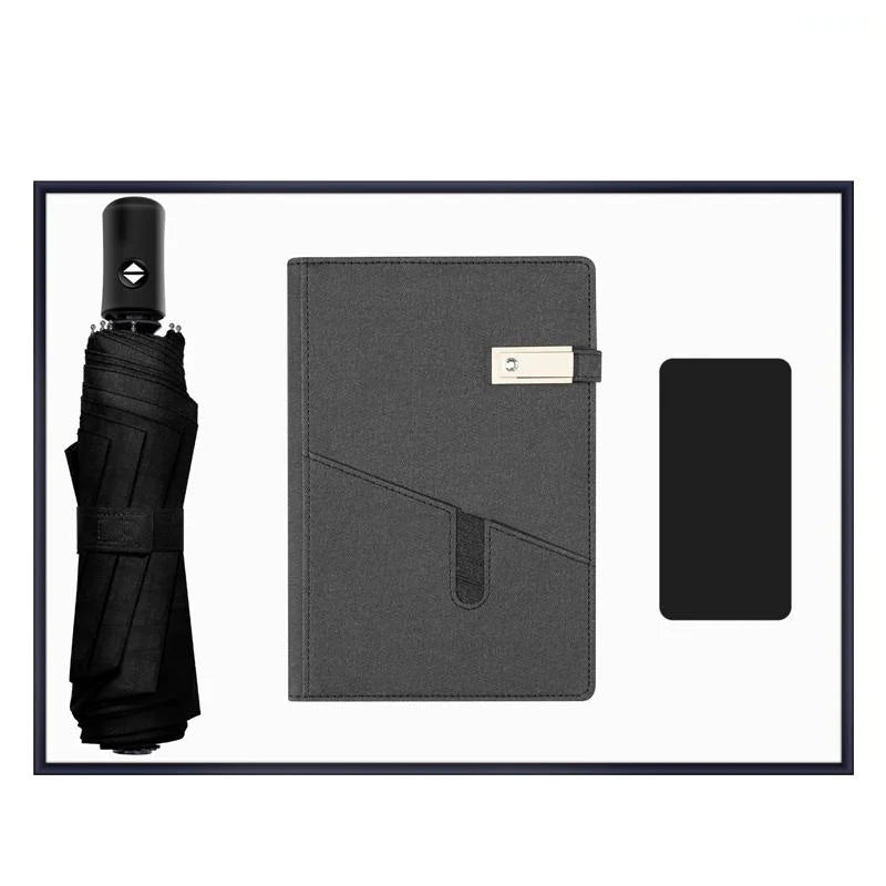 Luxury 3-in-1 Business Gift Set for Men and Women Includes A5 Notebook Foldable Umbrella Power Bank-for Christmas Promotions