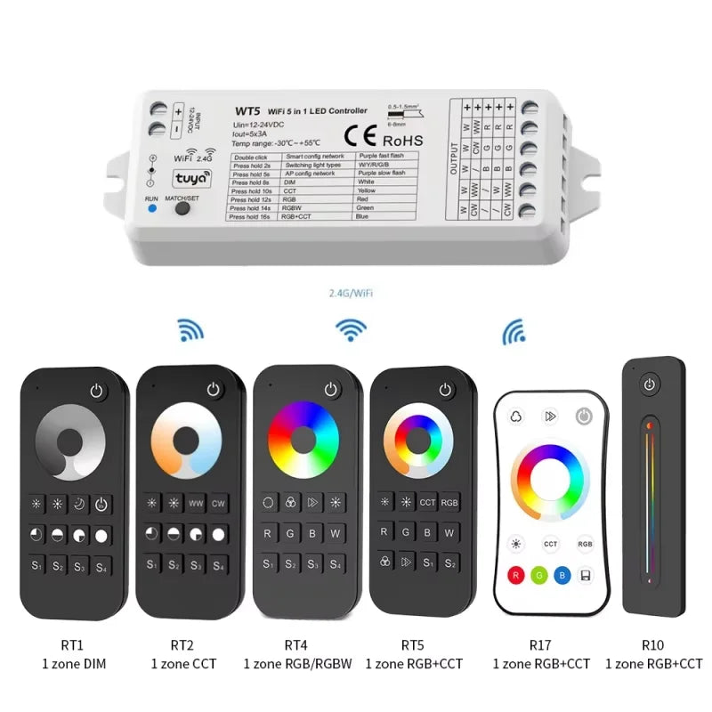 WT5 Tuya Smart RGBCCT RGBW CCT Single Color LED Strip Lights WiFi RF 5-in-1 Controller Dimmer 5-Year Warranty 30m Remote Ambient