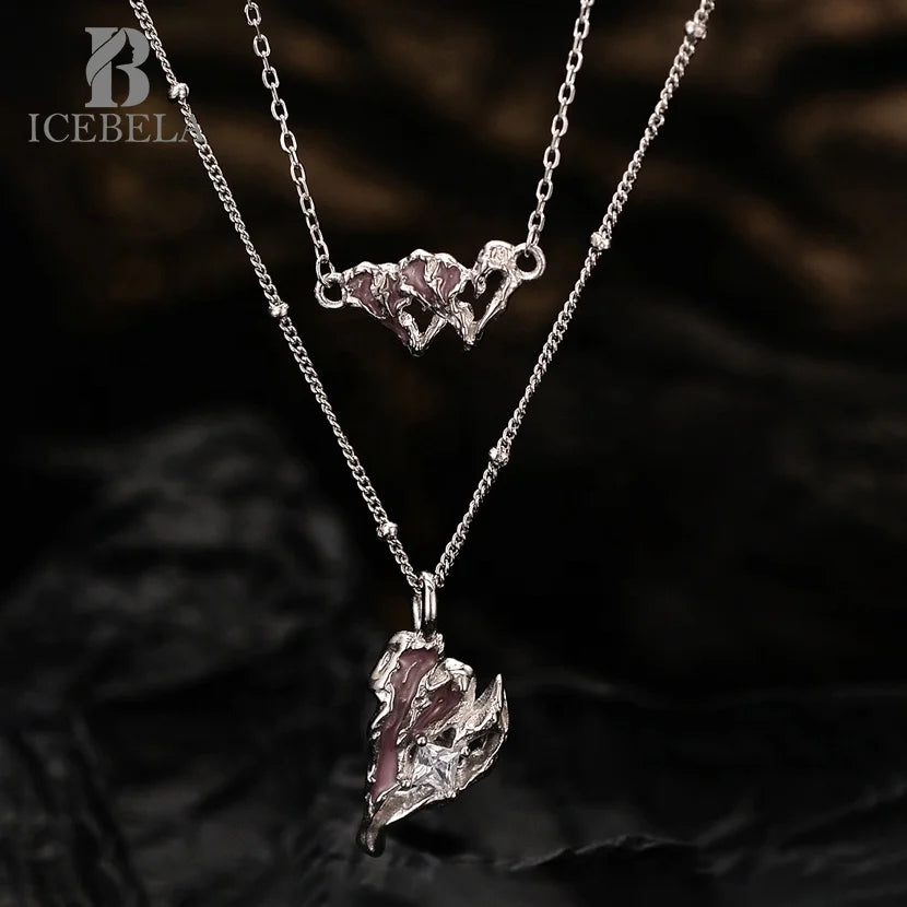ICEBELA Jewelry Cherry Blossom Pink Heart Pendant Necklace S925 Sterling Silver Texture Drop Glue Necklace