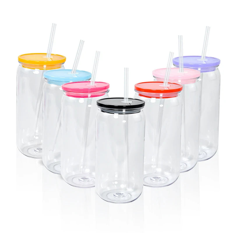 Factory Wholesale 16oz Mason Plastic Tumbler Reusable PC Plastic Mug Cup with Colorful Lid Straw Direct Drinking Water Flow