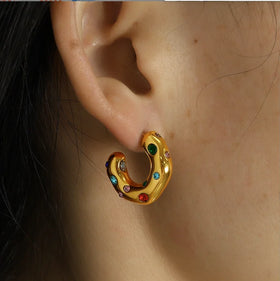 New Pearls Stainless Steel Hoop Earrings Gold Color Vintage Multicolour Crystal Rhinestone Stud Earring Jewelry for Women