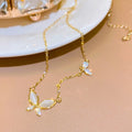 Summer Fashion Gold Plated Link Chain Rhinestone Butterfly Pendant Necklace Stainless Steel Opal Butterfly Necklace