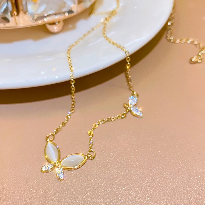Summer Fashion Gold Plated Link Chain Rhinestone Butterfly Pendant Necklace Stainless Steel Opal Butterfly Necklace