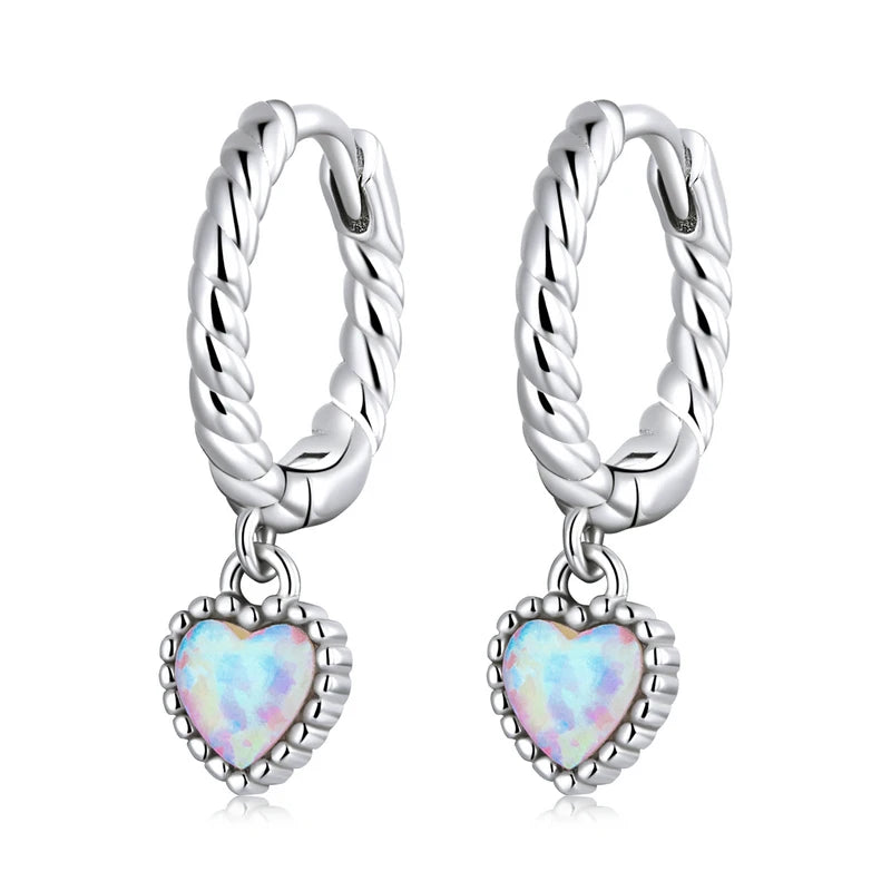 Factory 925 Sterling Silver Round Beads Opal Love Heart Ear Buckles Hoop Earrings for Women Fashion Party Jewelry Gift SCE1385