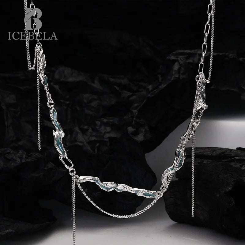 ICEBELA Jewelry 925 Sterling Silver Mint Blue Drop Glaze Tassel Clavicle Chain Textured Multi Layered Necklace