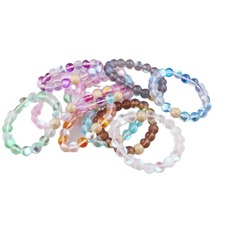 Women Wholesale Fashion 10mm White Mermaid Glass Bracelet Holographic Mystic Aurora Mate Bead Borealis Elastic Stretch Bracelet