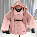 Custom Summer Women Clothing Sets Casual Street Wear Loungewear Matching Sets Women Zip up 100% Cotton Hoodie and Short Set