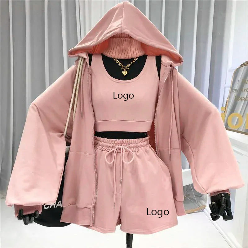 Custom Summer Women Clothing Sets Casual Street Wear Loungewear Matching Sets Women Zip up 100% Cotton Hoodie and Short Set