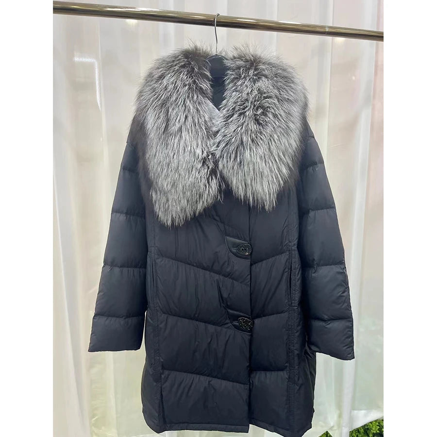 OFTYBUY 2023 Women's Winter Overcoat Long White Goose Coat with Thick Warm Silver Fox Fur Collar Real Detachable Luxury Design