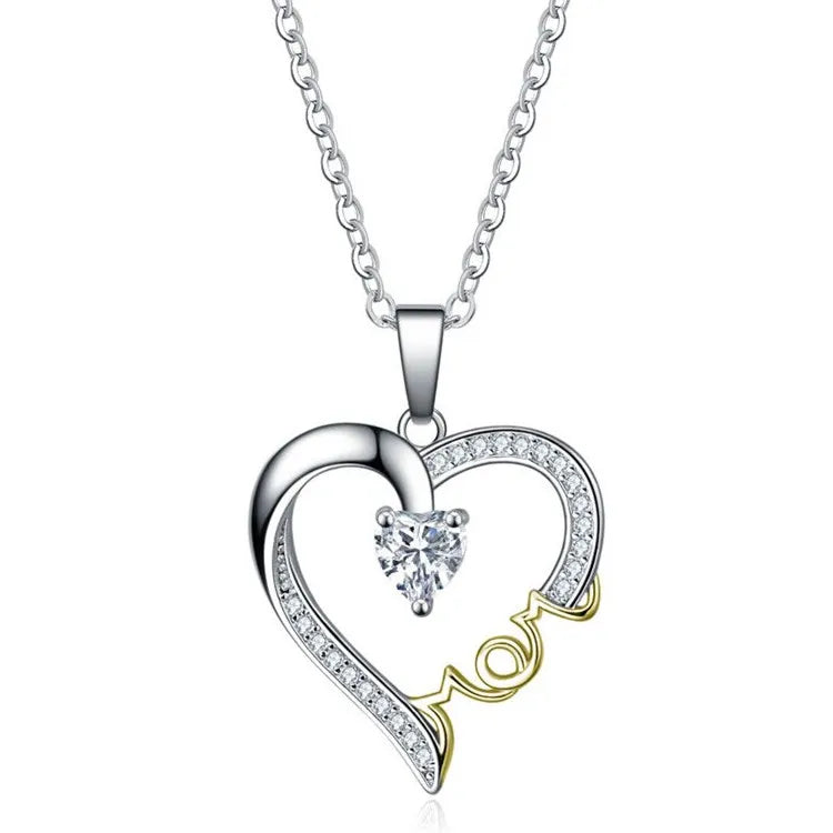 Mom's Love Crystal Pendant Necklace Mother's Day Heart-shaped Zircon Necklace Mom and Baby Pendant Jewelry