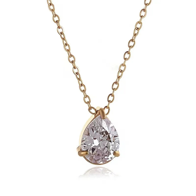 Stainless Steel Classic Sparkling White Cubic Zirconia Water Drop & Tear Drop Necklace Women Girl Wedding Partie Gold Plated
