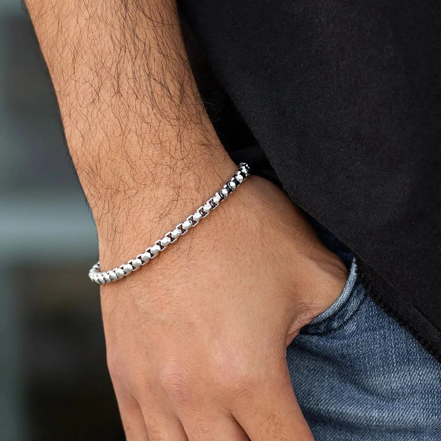 Hip Hop Silver Plated Chain Bracelet Homme Stainless Steel Classic Box Chain Bracelet for Men