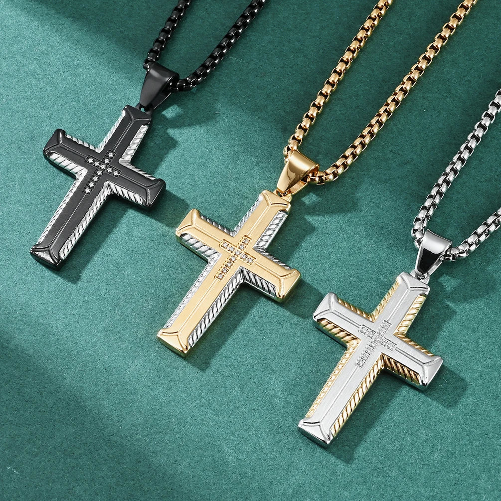 Men Faith Jewelry 18K Gold Plated Stainless Steel Jewelry Diamonds CZ Stones Cross Pendant Ethiopian Chain Necklace for Men