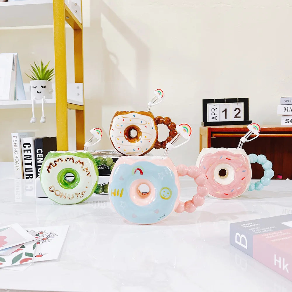 2023 New Design Creative Custom Logo Ceramic Mug with Handle 430ml Kids Gift Mugs Portable Cute Donut Coffee Mug