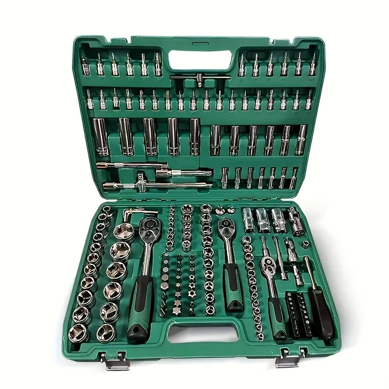 Professional 172-Piece Chrome-Plated Steel Auto Repair Tool Set Uncharged Power Mode Hand Tools Kit Ratchets Hard Case 1 Set