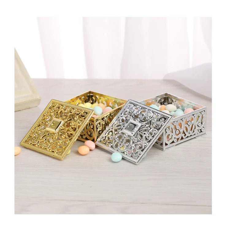 European Style Plastic Candy Box Golden Silver Hollow Pattern Square Small Gift Box