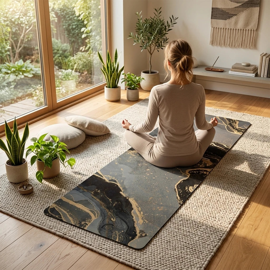 4-5mm Thick 185cm Eco Friendly Anti-Slip Black Gold Custom UV Digital Print Marble PU & Natural Rubber Yoga Mat