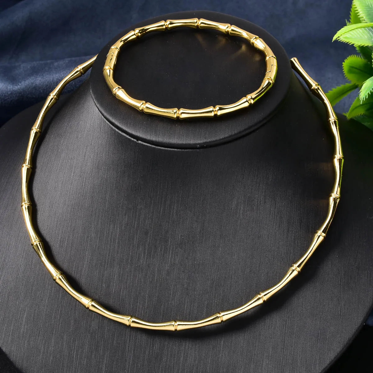 Custom Luxury 18k Gold Plated Stainless Steel Bamboo Joint Choker Necklace and Bracelet Jewelry Sets Women