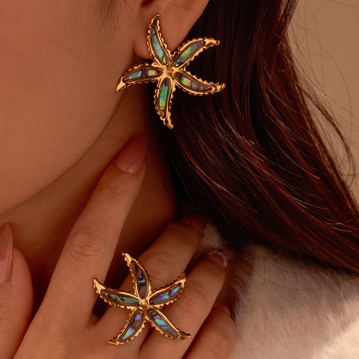 New Fashion Ocean Designs Sea Star Shell Stainless Steel Women Stud Earring Adjustable Ring Set for Women Accessories