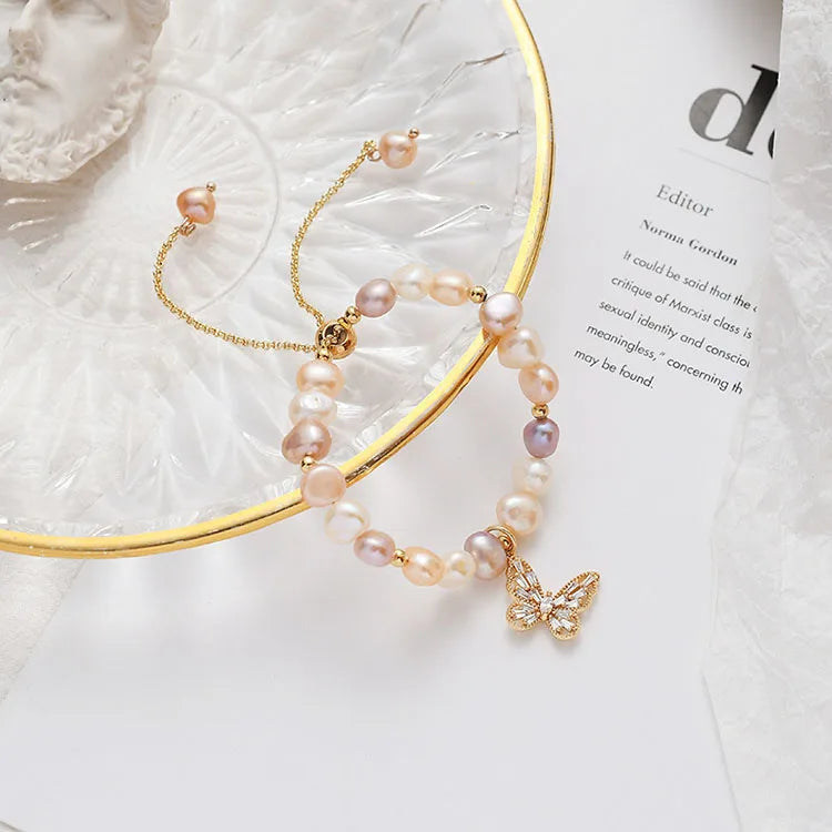 BB1015 Chic Freshwater Pearl Beaded Adjustable Slide Chain Bracelet with CZ Paved Butterfly Charm