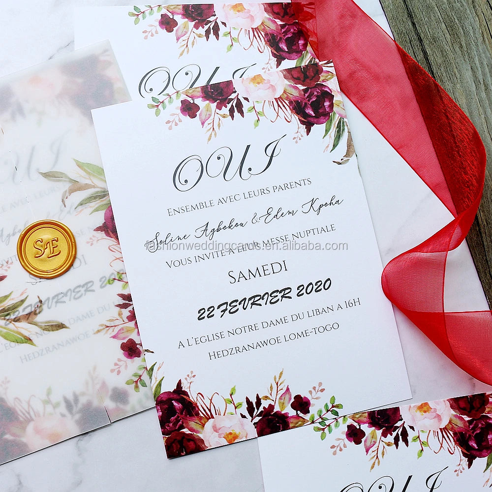 Handmade 5*7 Inches Wedding Invitation Cards Personalized Logo Romantic Vellum Wrap Gold Wax Seals Fairy Cross Design Paper