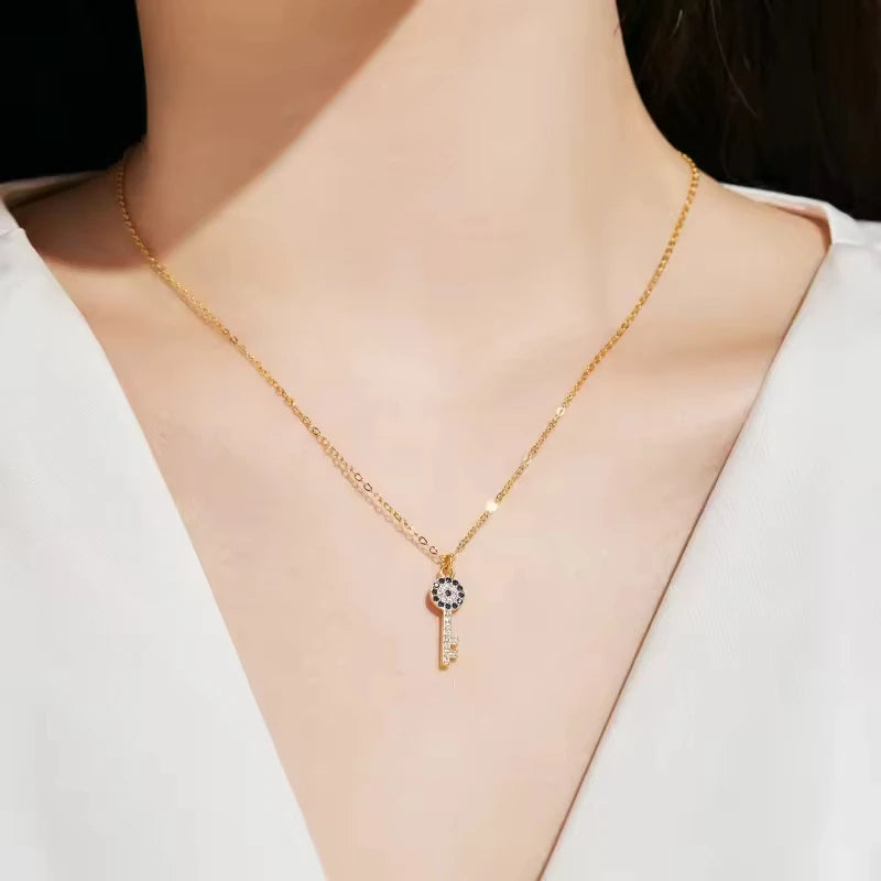 Lucky Jewelry 925 Sterling Silver Gold Plated Zircon Devil Eye Little Key Pendant Necklace