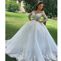 Princess Ball Gown Wedding Dresses O Neck Long Sleeves Vestido Casamento Lace up Back Appliqued Vestidos De Novia MW379