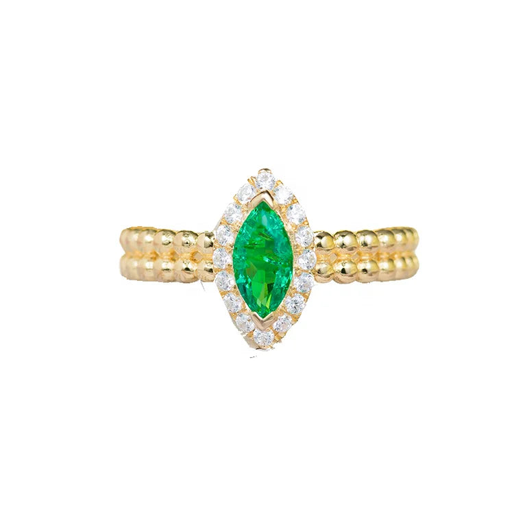 1 Carat Lab Emerald Gemstone Marquise Cut Diamond Ring Bead Band Women Proposal Ring Jewelry 14k Yellow Gold