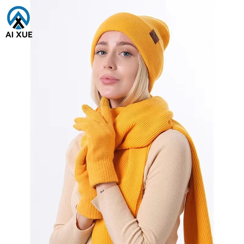 Factory Wholesale Custom Winter Plain Long Beanie Hat Gloves Set Fleece Lined Knit Warmer Wool Travel
