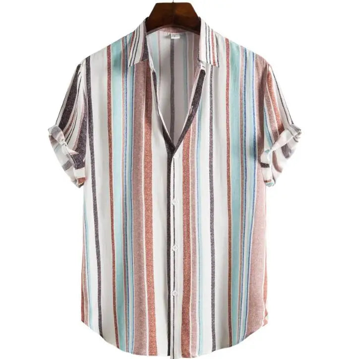 Men's Hawaiian Shirt Lapel Fashion Short-sleeved Loose Breathable Top Summer Stripe Retro Shirt for Men Casual Beach Shirts