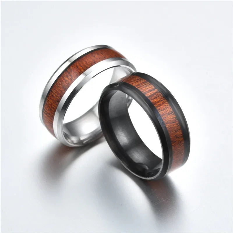 Vintage Wood Inlay Stainless Steel Cluster Rings Men's Casual Trendy Finger Rings for Friends Size 6-13 Great Gifts