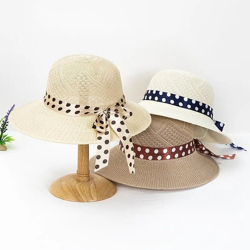 MIO Wave Point Bowknot Ribbon Straw Hat Elegant Women Wide Brim Breathable Visor Hat Summer Floppy Beach Sun Protection Hat