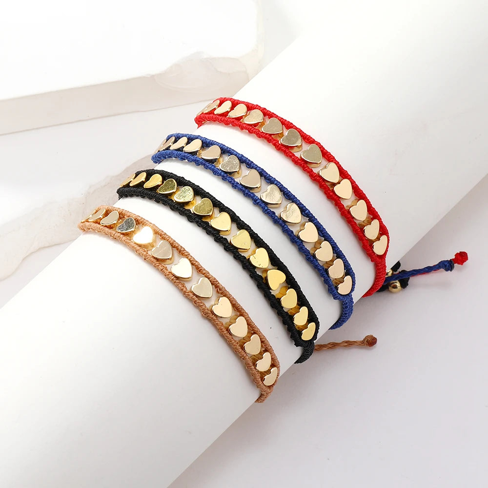 New Arrival Bohemian Wax Rope Macrame Gold-Plated Copper  Heart Bracelet Handmade Fashionable Love Jewelry for Couple Gifts
