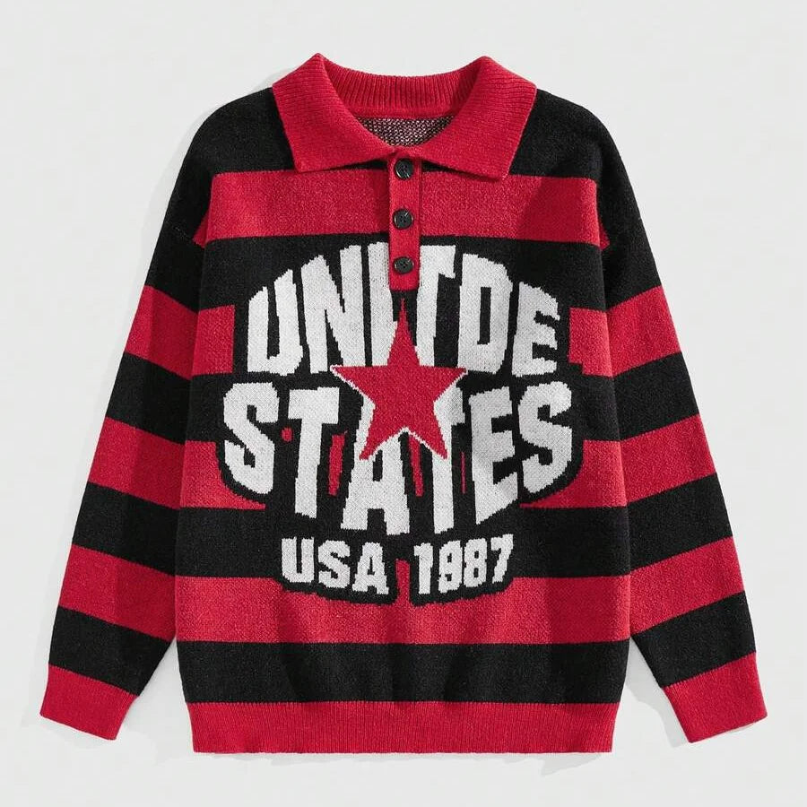 Custom Design logo Knit Pullover Jumper Knitwear Top Knitted Long Sleeve Cotton Striped Letter Pattern Polo Neck Men Sweater
