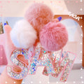 New Arrival Candy Rainbow Color Puffer Ball Charms English Letter Keychain Sequin Pompom Puffer Ball Glitter Keychain Resin