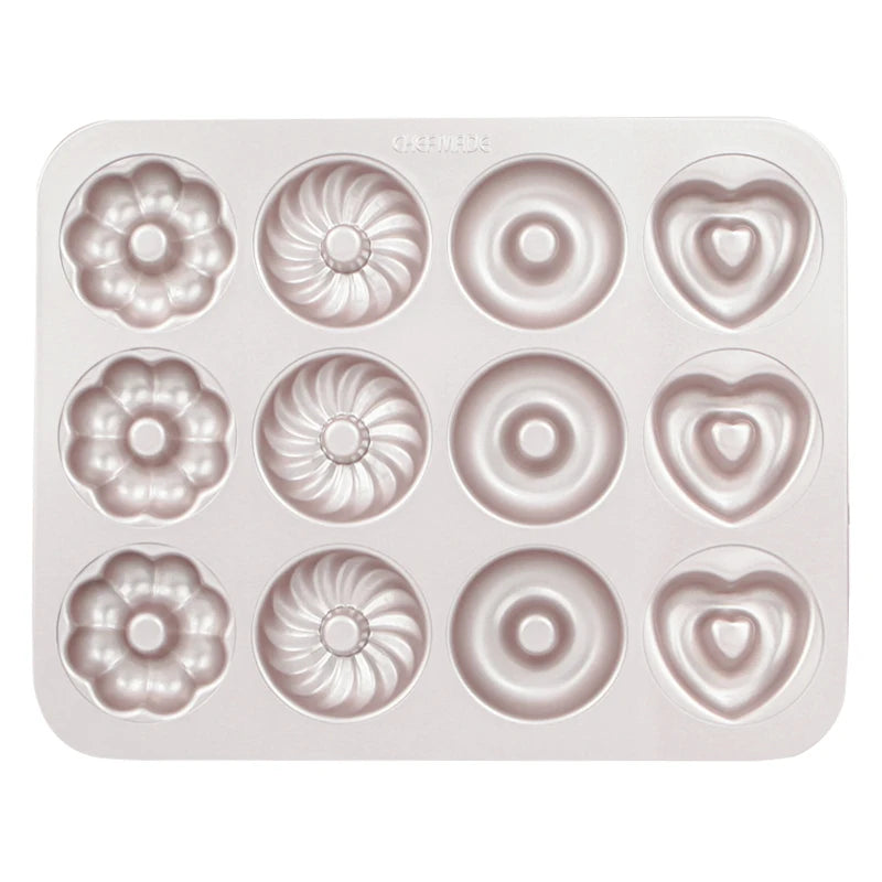 CHEFMADE WK9288 Carbon Steel Bakeware 12-Cavity Non-Stick Pattern Doughnut Donut Mold Cake Pan for Oven Baking