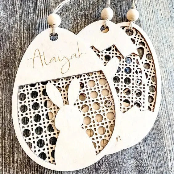 Custom Personalized Wooden Bunny Name Tag for Easter Basket Tag Blank Happy Easter Egg Name Tag Laser Engraving
