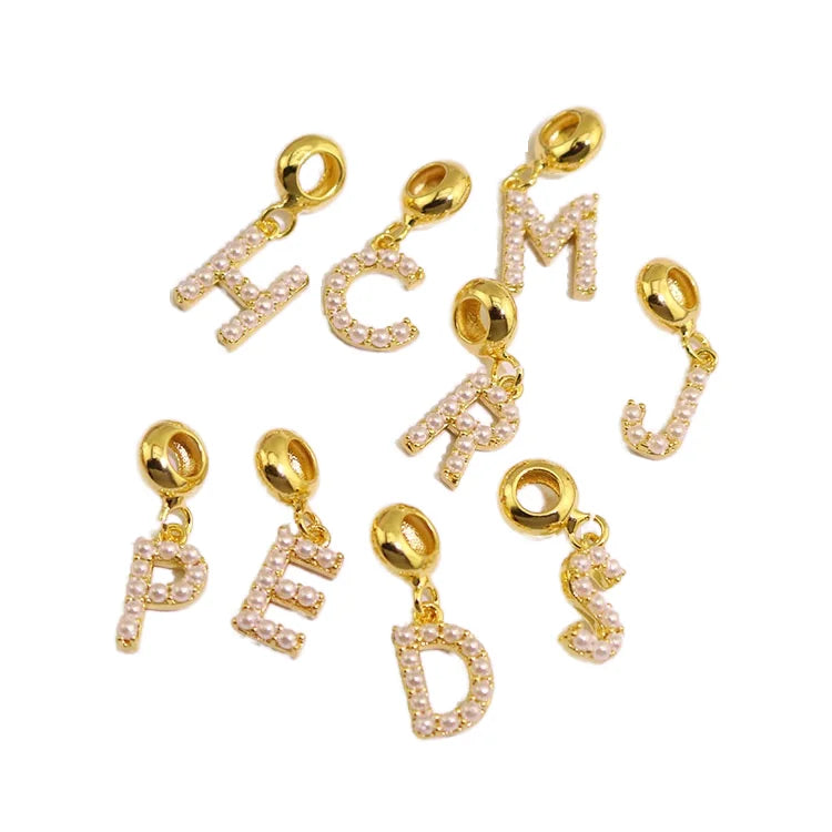 JS1931 Popular Large Big Hole 18k Gold Pearl Pave Alphabet Letter Initial Bail Dangle Charm Pendants