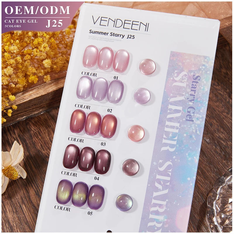 Vendeeni New Fashion 5 Color Nail Polish Pomegranate Cat's Eye Purple Glass Beads Cat's Eye Gel Nail Polish 15ML Bottle