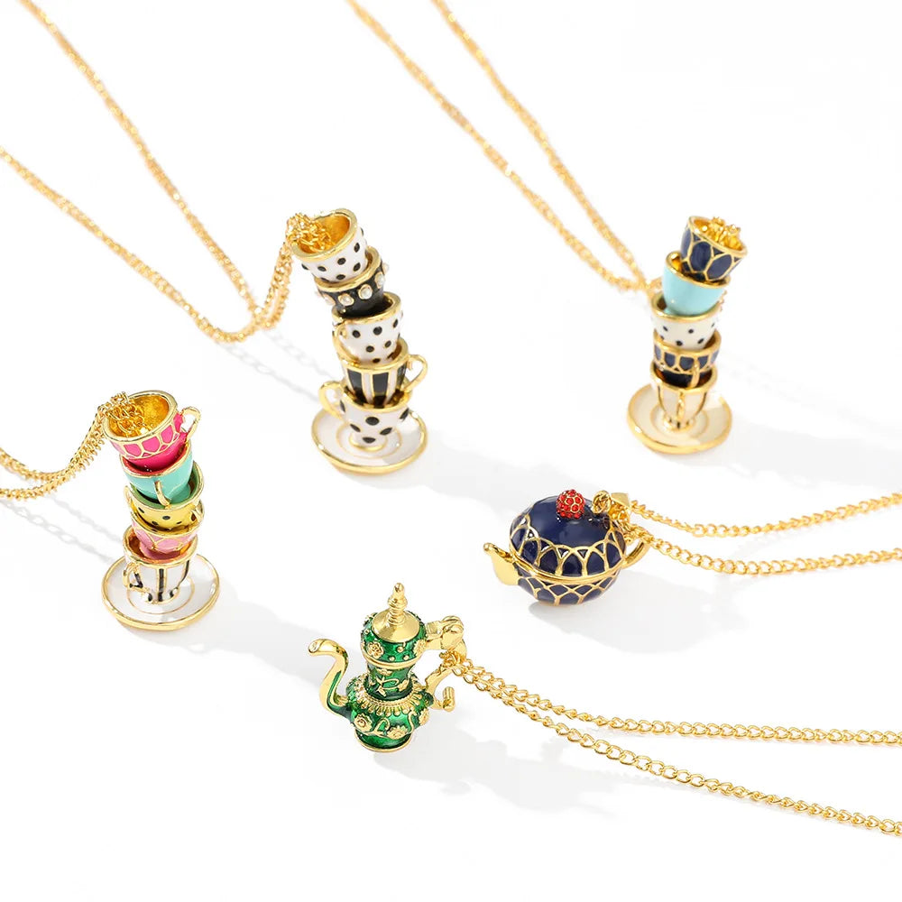 New Hot Blue Teapot Necklace Set Can Open Tea Pot Cup Necklace Elegant Enamel Teapot Necklace Charm Creative Jewelry Women Gift