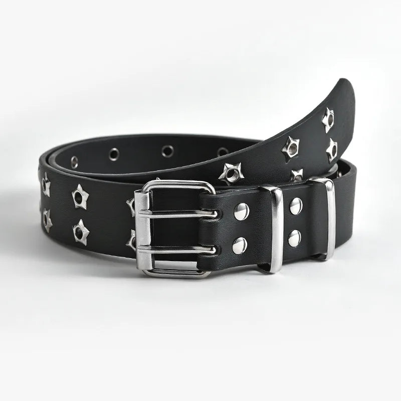 Fashion Belt Double Row Star Holes Pu Leather Hollow Punk Rock Y2k Western Belt Decorative Waist Studded Belts for Women