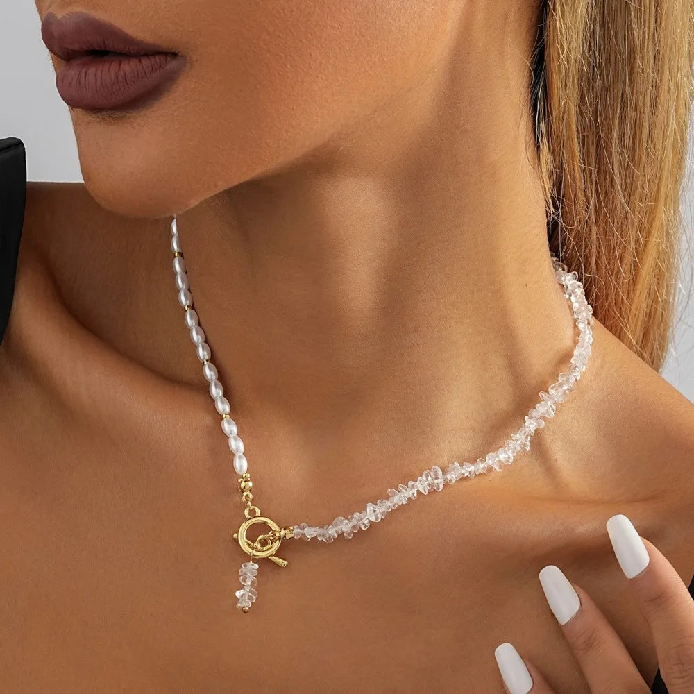 Luxury Semi-precious Gemstone Necklace Irregular Natural Aquamarine Beaded Necklace OT Buckle Baroque Pearl Jewelry for Women