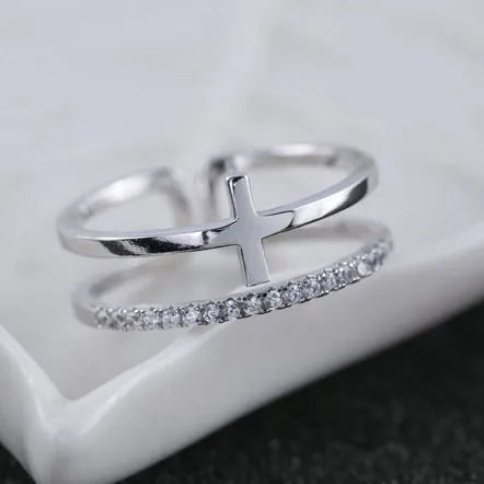 Factory Wholesale Silver Cross Zircon Open Ring for Women Fashion Prevent Allergy Jewelry New Design